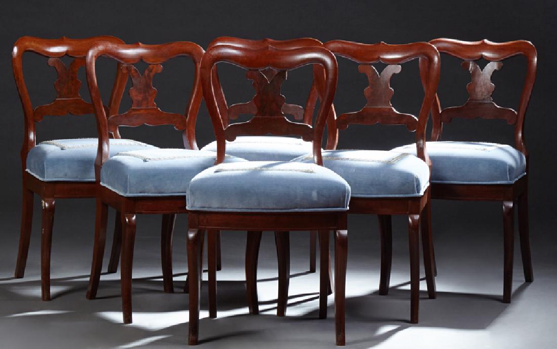 Set of Six American Classical Mahogany Side Chairs, c.: Set of Six American Classical Mahogany Side Chairs, c. 1840, attr. to Duncan Phyfe, New York, with a stylized shaped back and pierced splat, over blue velvet upholstered seats, on saber front legs, an