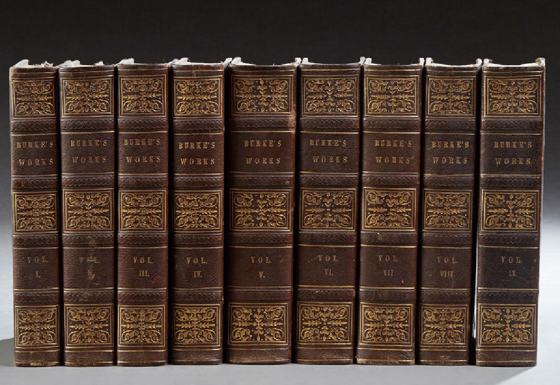 Books- "The Works of Edmund Burke," 1839, Boston, in: Books- "The Works of Edmund Burke," 1839, Boston, in nine volumes, bound in Moroccan leather with marbled boards and gilt decorated spines, H.- 9 in., W.- 5 7/8 in. ( 9 Pcs.)