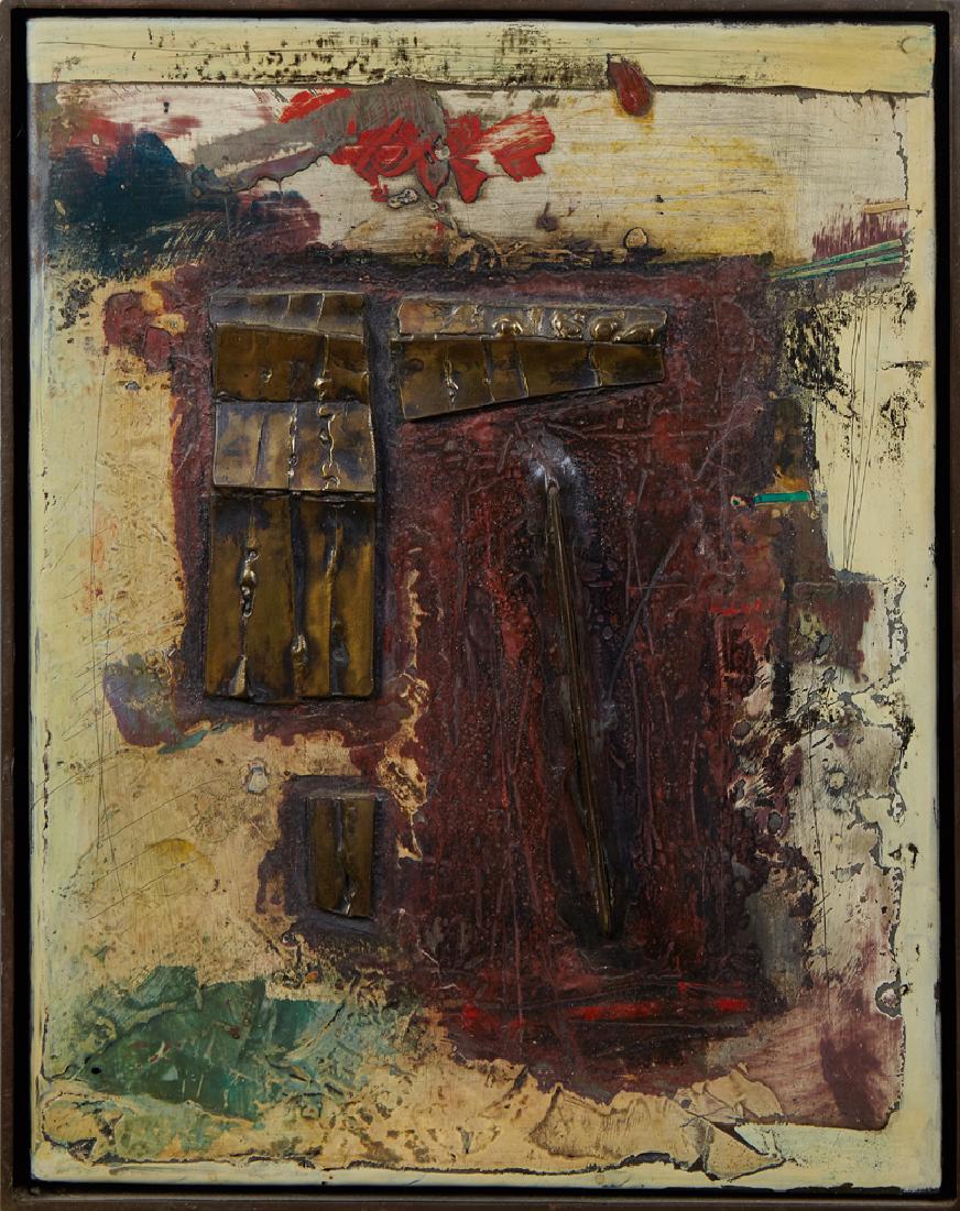 Anton Weiss (Yugoslavian Tennessee), "Untitled," 1991,: Anton Weiss (Yugoslavian Tennessee), "Untitled," 1991, welded steel and enamel, signed and dated verso, in a steel shadowbox frame, verso with a label for the Lowe Gallery, Atlanta, H.- 14 1/4 in., WE