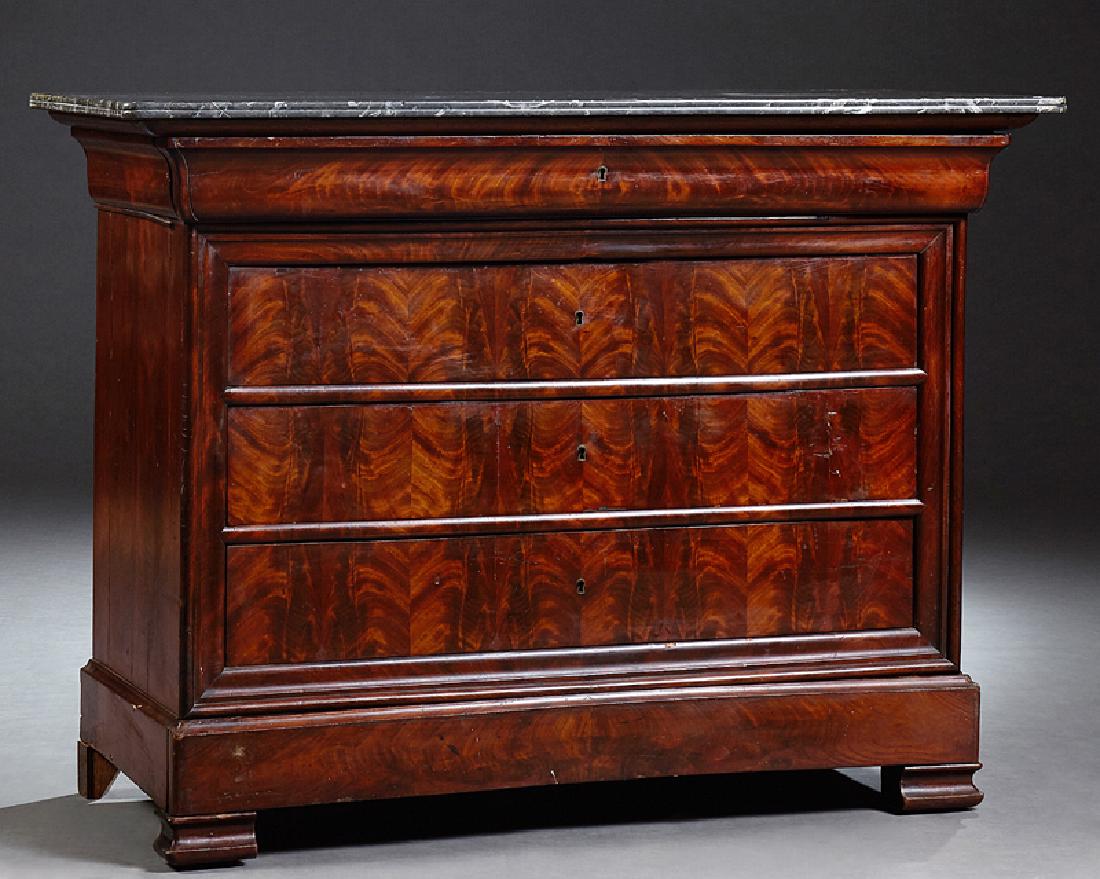 French Louis Philippe Style Carved Mahogany Marble Top: French Louis Philippe Style Carved Mahogany Marble Top Commode, c. 1860, the highly figured rounded corner reeded edge marble above a cavetto frieze drawer and three setback deep drawers, over a plint