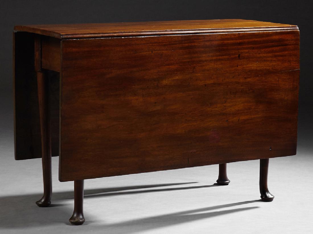 English Queen Anne Style Carved Mahogany Drop Leaf: English Queen Anne Style Carved Mahogany Drop Leaf Dining Table, late 19th c., on straight legs with pad feet, H.- 28 in., W.- Closed- 20 1/2 in, Open- 62 1/2 in., D.- 40 3/4 in.