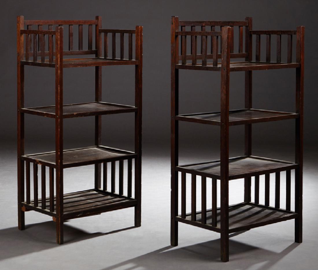 Pair of Mission Oak Four Tier Bookshelves, in the: Pair of Mission Oak Four Tier Bookshelves, in the manner of Gustav Stickley, early 20th c., the tops with square spindled three-quarter galleries, H.- 41 1/8 in., W.- 19 7/8 in., D.- 13 5/8 in.