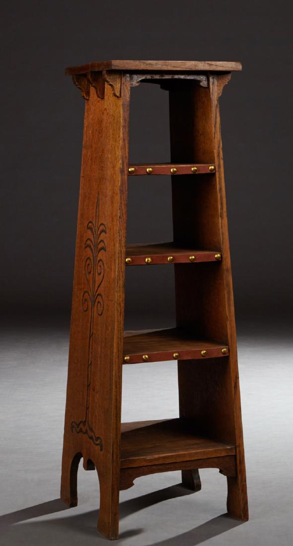 Gustav Stickley "Tree of Life" Stand, early 20th c.,: Gustav Stickley "Tree of Life" Stand, early 20th c., the square top over four graduated shelves, within floral incised sides terminating in bracket feet, H.- 43 1/2 in., W.- 14 1/2 in., D.- 13 3/4 in.