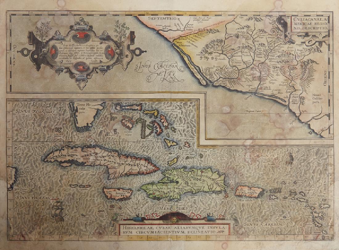 Abraham Ortelius (1527-1598), "Culliacanae, Americae: Abraham Ortelius (1527-1598), "Culliacanae, Americae Regionis, Description - Hispaniolae, Cubae Aliarumque lnsularum Circumiacientium Delineatio," 1579, hand colored, H.- 16 in., W.- 20 1/2 in.