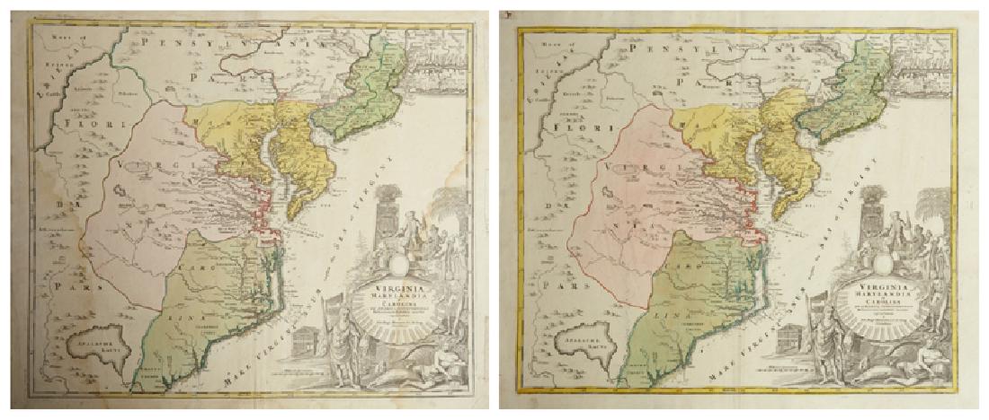 Two Johann Baptist Homann (1661-1774) Maps, "Virginia (1 of 3)