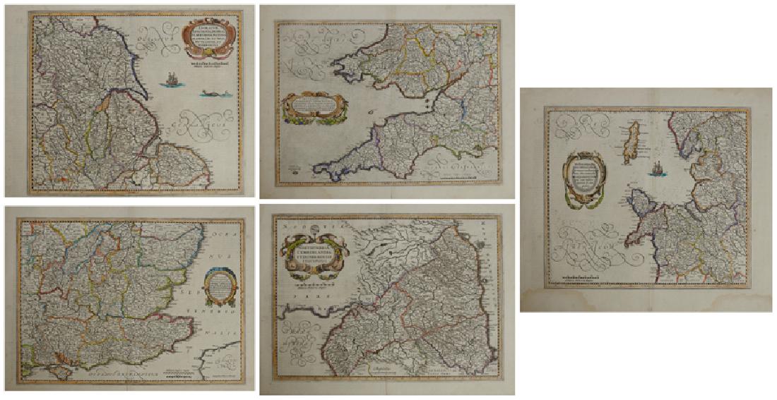 Five Hand Colored Maps by Handy, "The Second Map of: Five Hand Colored Maps by Handy, "The Second Map of England, North Umbria, Cumberlandia Et Dunelmensis (w/ history);" "The Third Map of England (w/ History};" "The Fifth Map of England (w/History);" "