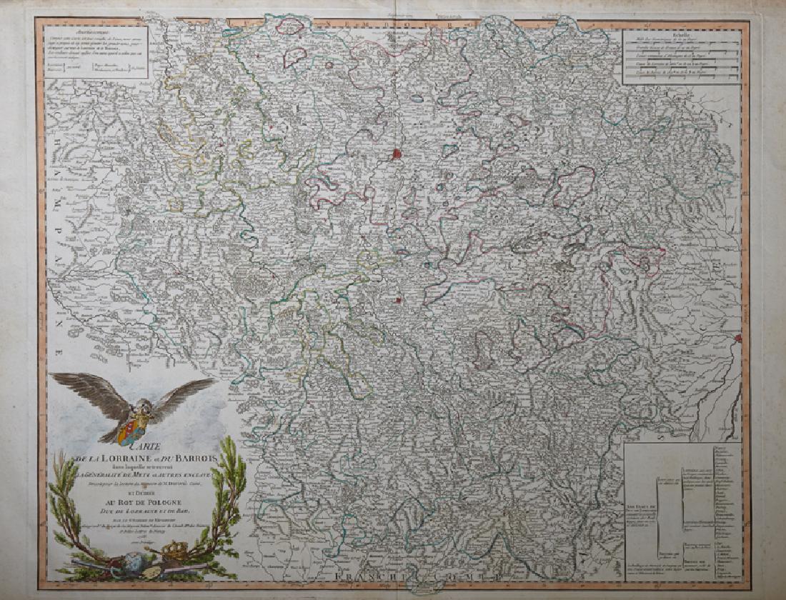 Gilles Robert de Vaugondy (1688-1766), "Carte de la: Gilles Robert de Vaugondy (1688-1766), "Carte de la Lorraine et du Barrois," 1756, hand colored, H.- 20 1/4 in., W.- 26 3/4 in.