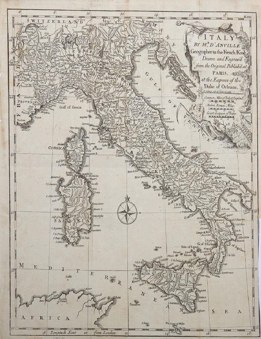 Jean Baptiste D'Anville (1699-1782), "Italy Drawn and: Jean Baptiste D'Anville (1699-1782), "Italy Drawn and Engraved from the Original Published at Paris at the Expense of the Duke of Orleans," c. 1760, H. - 11 1/4 in., W. - 9 3/4 in.