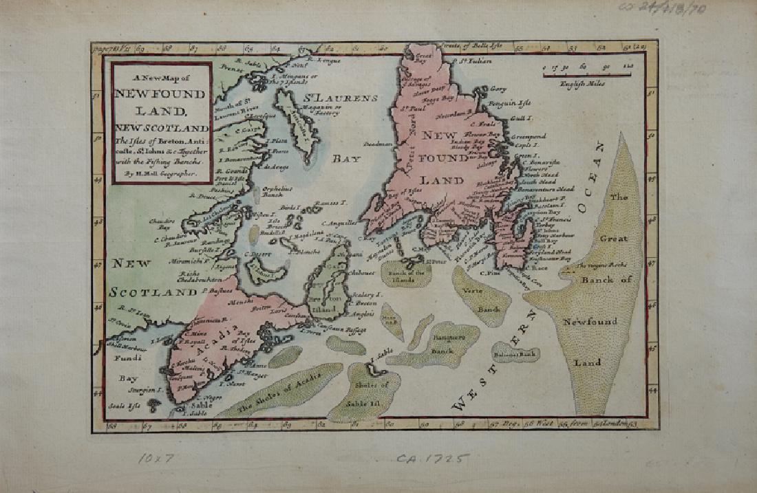 Herman Moll (1654-1732), "A New Map of Newfoundland,: Herman Moll (1654-1732), "A New Map of Newfoundland, New Scotland..fishing banks," c. 1725, H. - 9 in., W. - 13 1/2 in.