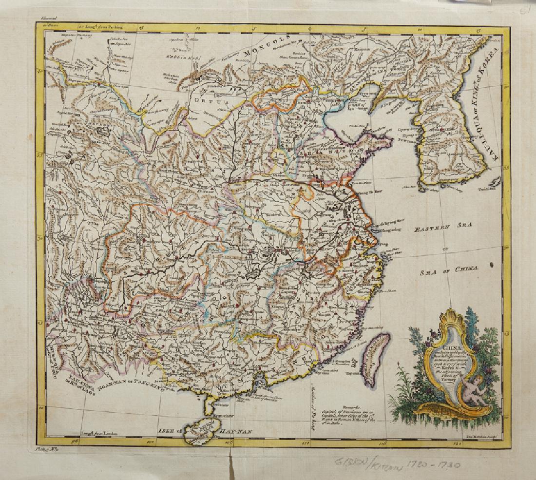 Thomas Kitchin (1718-1774), "China as surveyed by the: Thomas Kitchin (1718-1774), "China as surveyed by the Jesuit Missionaries with Korea...Tartary," hand colored, H. - 12 1/2 in., W. - 14 1/2 in.