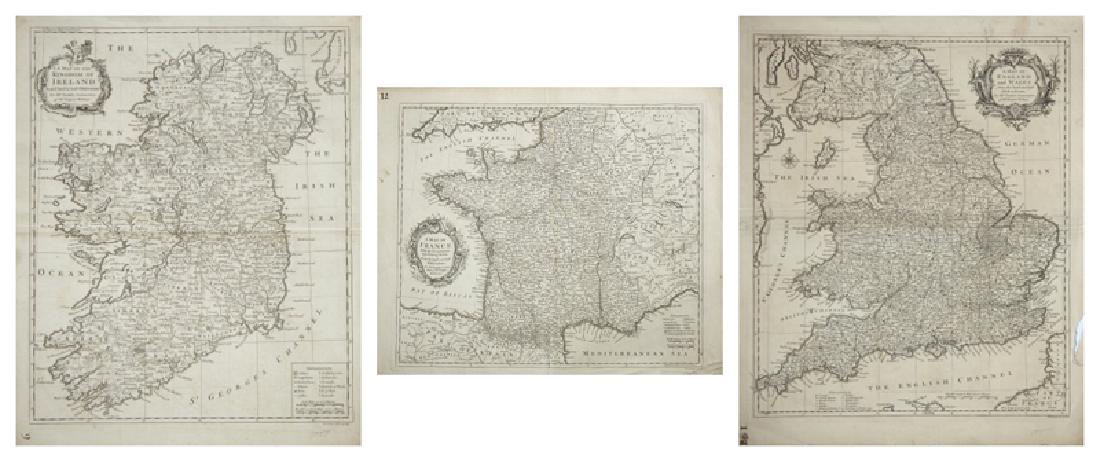 Three Maps from Nicholas Tindal's (1687-1774),: Three Maps from Nicholas Tindal's (1687-1774), Continuation Of Rapin's History, "A Map of England and Wales," 1757, "A Map of the Kingdom of Ireland," and "A Map of France," H. - 21 in., W. - 17 in. a