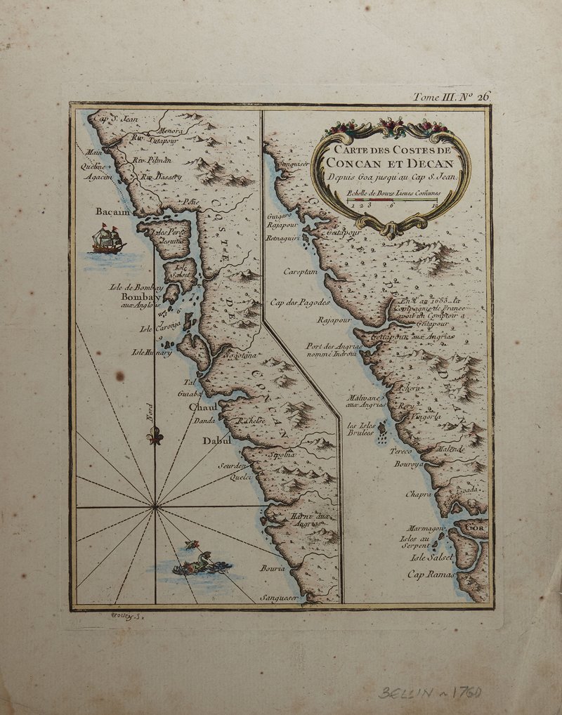 Jacques Nicolas Bellin (1703-1772), "Cartes des Costes: Jacques Nicolas Bellin (1703-1772), "Cartes des Costes de Concan et Decan," 1760, H. - 12 in., W. - 10 in.