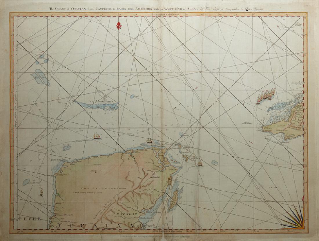 Thomas Jefferys (1718-1774), "Coast of Yucatan from: Thomas Jefferys (1718-1774), "Coast of Yucatan from Campeche to Bahia del Ascension: With the West End of Cuba," 1775, hand colored, H. - 20 1/2 in., W. - 27 1/2 in.