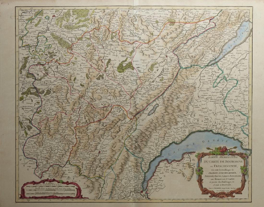 Robert de Vaugondy (1688-1766), "Partie Meridionale du: Robert de Vaugondy (1688-1766), "Partie Meridionale du Comte de Bourgogne ou Franche - comte. les Terres de St. Claude," 1749, H. - 20 in., W. - 27 in.