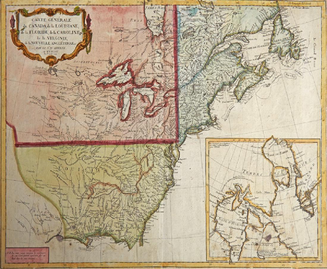 Jean Baptist Dâ€™Anville (1697-1782), "Carte General du: Jean Baptist Dâ€™Anville (1697-1782), "Carte General du Canada de la Luisiane de la Floride, de la Caroline de la Virginie de la Nouvelle Anglaterre," 1776, hand colored, H. - 19 in., W. - 25 in.