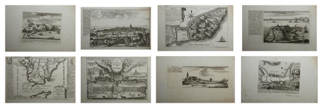Gabriel Bodenehr (1664-1758), "Gibraltar," "Malacca,": Gabriel Bodenehr (1664-1758), "Gibraltar," "Malacca," "Cadiz," "Madrid," 2- "Sevilla," "Setubal," and "Mare Mediterraneo,", H.- 7 3/8 in., W.- 11 7/8 in.
