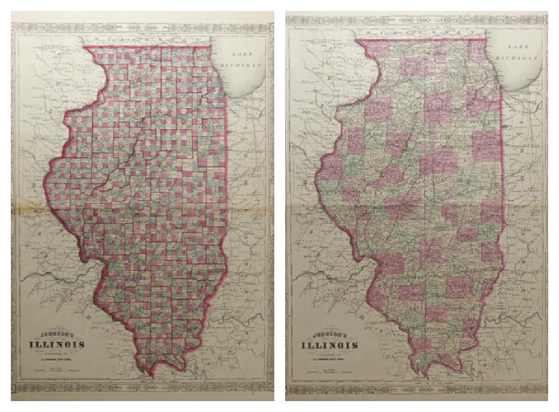 Two Copies of A.J. Johnson, "Illinois," 1864, hand: Two Copies of A.J. Johnson, "Illinois," 1864, hand colored, H.- 26 3/4 in., W.- 18 in. (2 Pcs.)