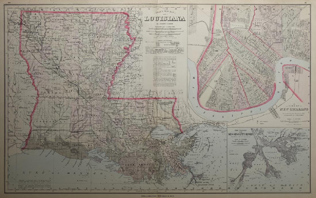 Gray, "New Map of Louisiana, With Insets of New: Gray, "New Map of Louisiana, With Insets of New Orleans, and the Passes of the Mississippi," 1890, hand colored, H.- 17 in., W.- 28 in.