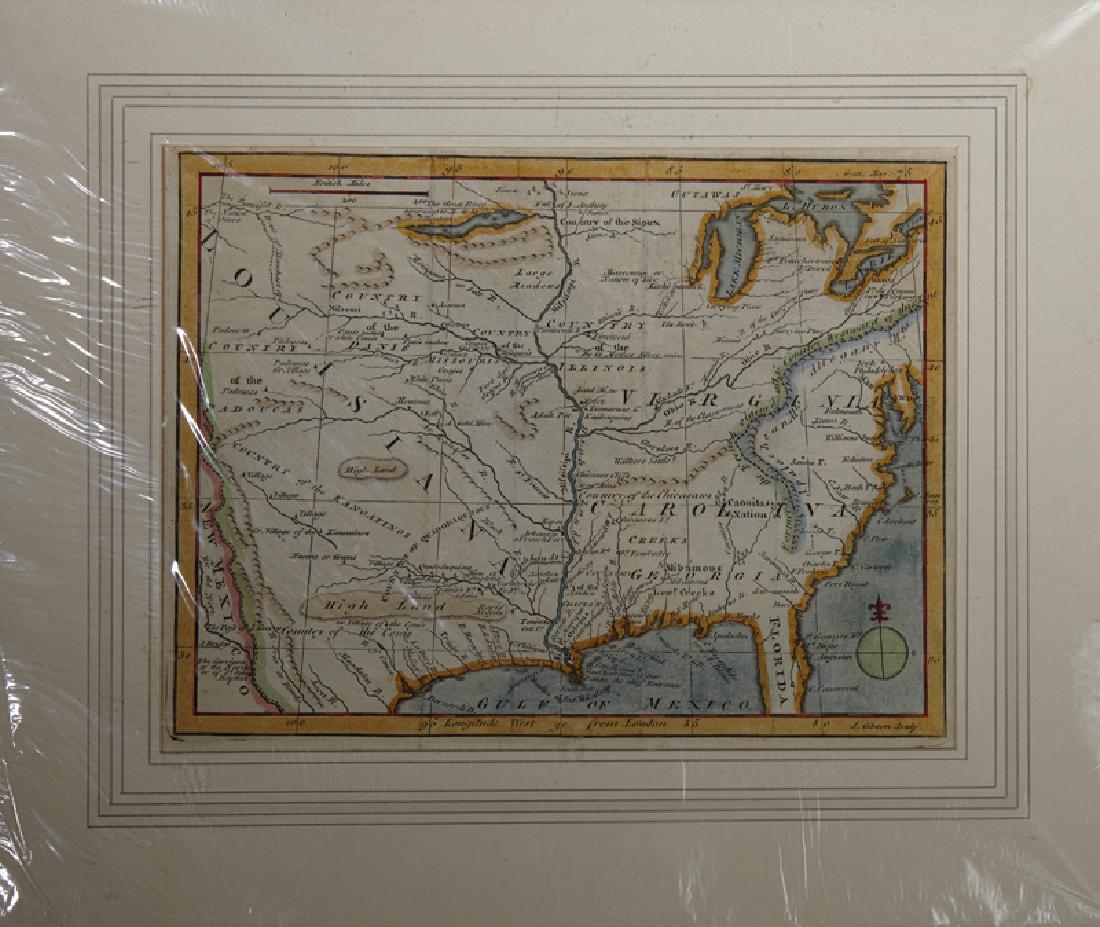 J. Gibson, "Louisiana, Carolina, Virginia," 1760-1770,: J. Gibson, "Louisiana, Carolina, Virginia," 1760-1770, hand colored, matted, H.- 7 3/8 in., W.- 9 3/4 in.