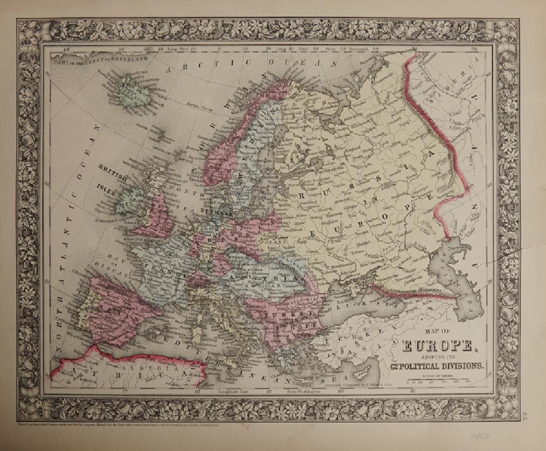 Samuel Augustus Mitchell (1790-1868), "Europe Showing: Samuel Augustus Mitchell (1790-1868), "Europe Showing its Gt. Political Divisions," 1866, hand colored, H.-12 1/4 in., W.- 15 1/4 in.