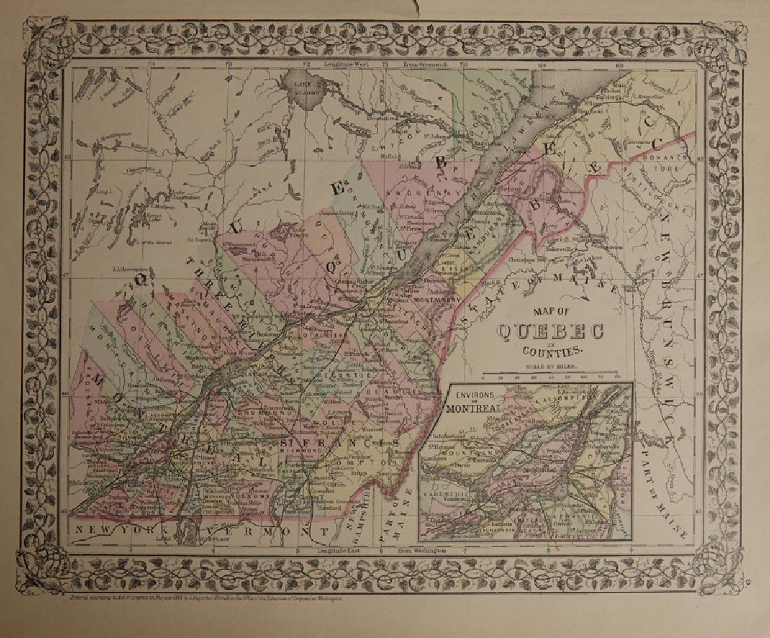Samuel Augustus Mitchell (1790-1868), "Quebec in: Samuel Augustus Mitchell (1790-1868), "Quebec in Counties," 1881, hand colored, H.-12 1/4 in., W.- 15 3/8 in.