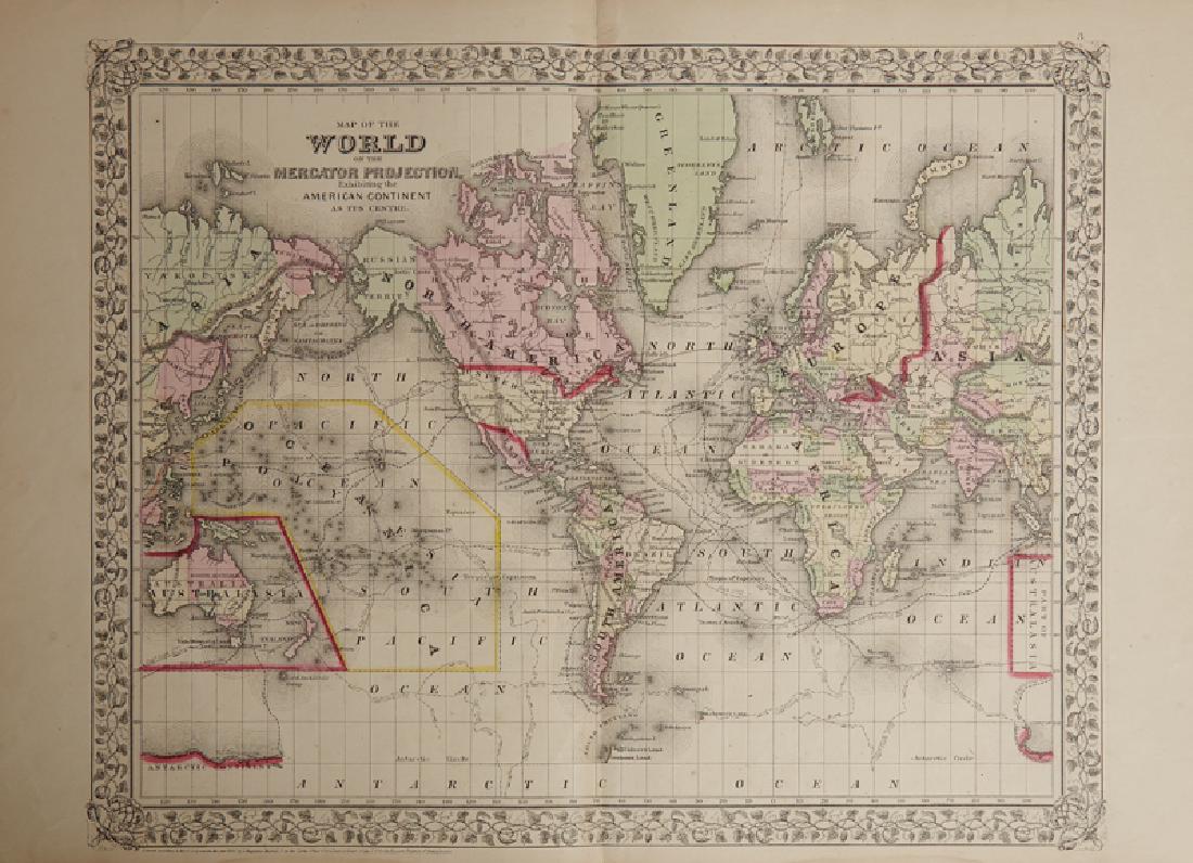 Samuel Augustus Mitchell (1790-1868), "World on the: Samuel Augustus Mitchell (1790-1868), "World on the Mercator Projection Exhibiting the American Continent," 1866, hand colored, H.-15 1/4 in., W.- 22 3/4 in.