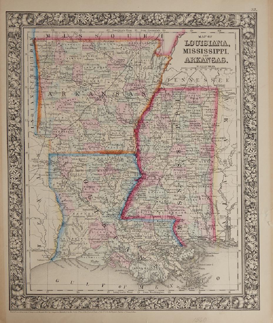 Samuel Augustus Mitchell (1790-1868), "Louisiana,: Samuel Augustus Mitchell (1790-1868), "Louisiana, Mississippi and Arkansas," 1860, hand colored, H. -15 1/4 in., W. - 12 1/8 in.