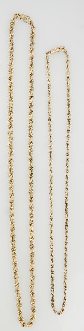 Two Yellow Gold Rope Twist Necklaces, one of 14K, L.-: Two Yellow Gold Rope Twist Necklaces, one of 14K, L.- 19 in., Wt.- .24 Troy Oz.; the second 10K , L.- 23 in., Wt.- .31 Troy Oz. (2 Pcs.) Provenance: Property Seized by the New Orleans Police Departmen