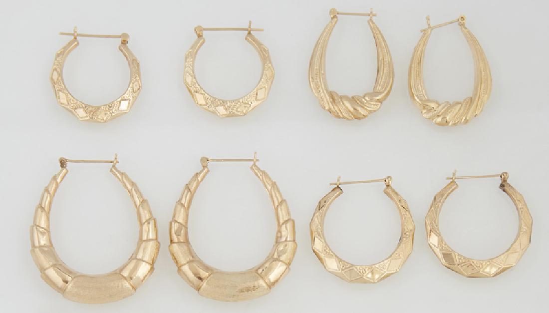 Four Pairs of 14K Yellow Gold Hoop Earrings, Largest-: Four Pairs of 14K Yellow Gold Hoop Earrings, Largest- H.- 1 3/16 in., W.- 1 9/16 in., Wt.- .46 Troy Oz. (8 Pcs.) Provenance: Property Seized by the New Orleans Police Department, and sold by Order of 