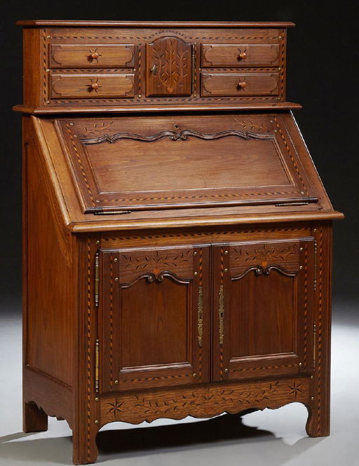 Unusual French Provincial Carved Inlaid Oak Slant Front