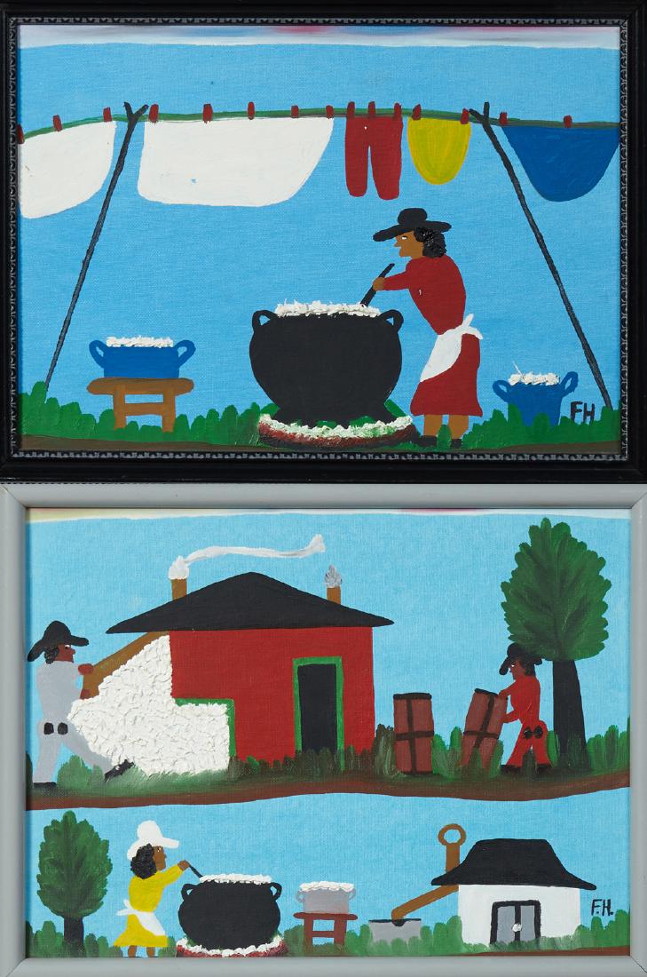 Frank Hunter, "Washday," two oils on masonite, signed (1 of 5)