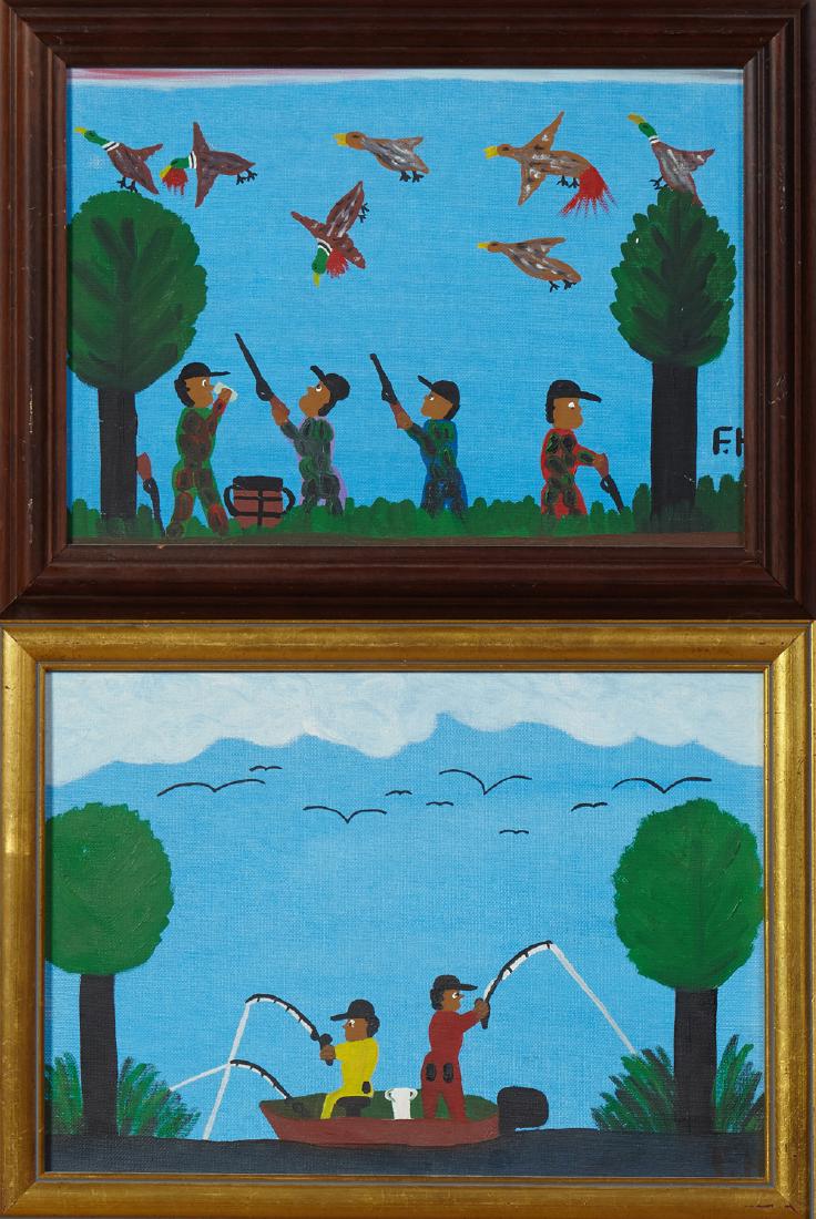 Frank Hunter, "Duck Hunting," and "Fishing," two oil on (1 of 5)