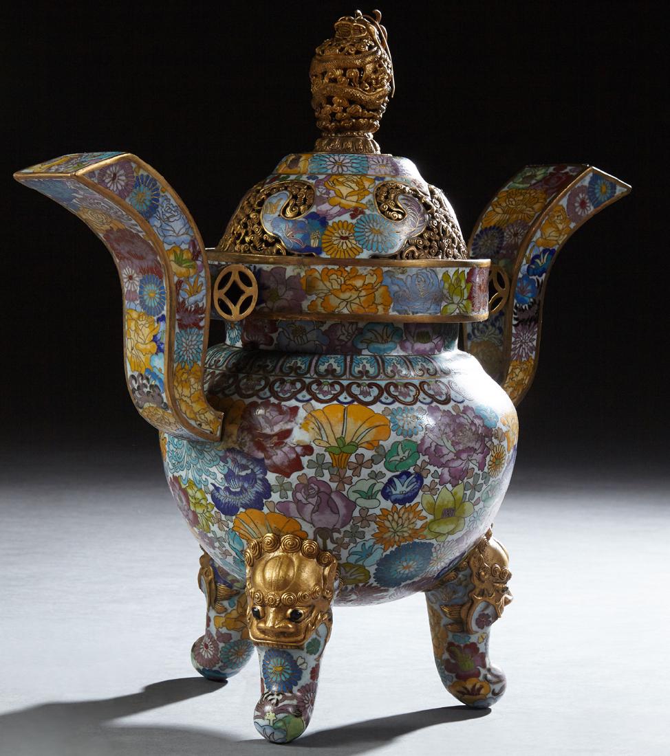 Large Chinese Cloisonne Censer, 20th c., with floral (1 of 2)