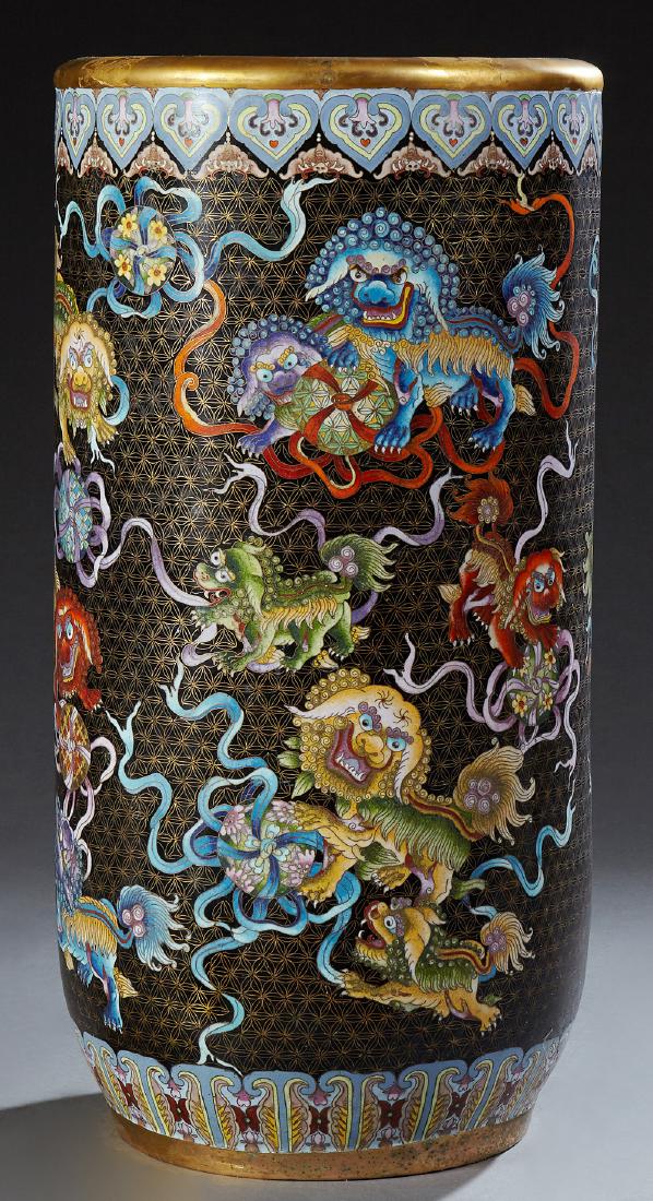 Chinese Cloisonne Umbrella Stand, 20th c., with dragon: Chinese Cloisonne Umbrella Stand, 20th c., with dragon and ribbon decoration, H.- 24 in., Dia.- 12 in. Provenance: from the Estate of Kathryn Hargesheimer, New Orleans, Louisiana.