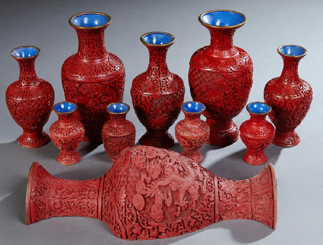 Group of Ten Pieces of Chinese Cinnabar, 20th c., (1 of 1)