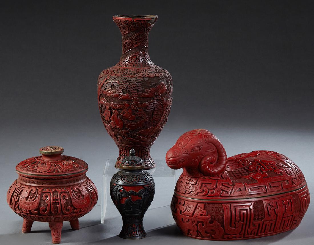 Group of Four Chinese Cinnabar Objects, 20th c., (1 of 1)
