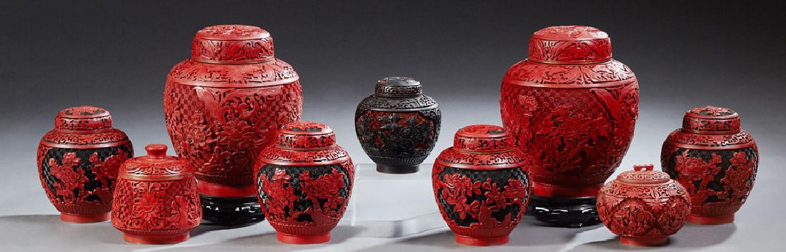 Group of Nine Chinese Cinnabar Covered Jars, 20th c., (1 of 2)
