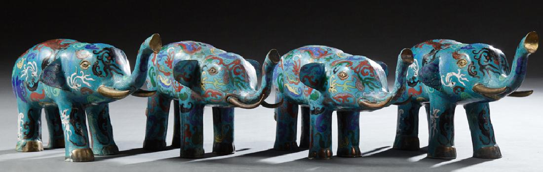 Group of Four Chinese Cloisonne Trumpeting Elephants, (1 of 1)