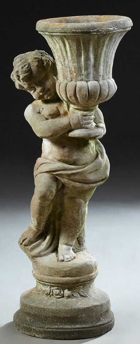 Cast Stone Garden Planter, 20th c., with a draped putto (1 of 1)