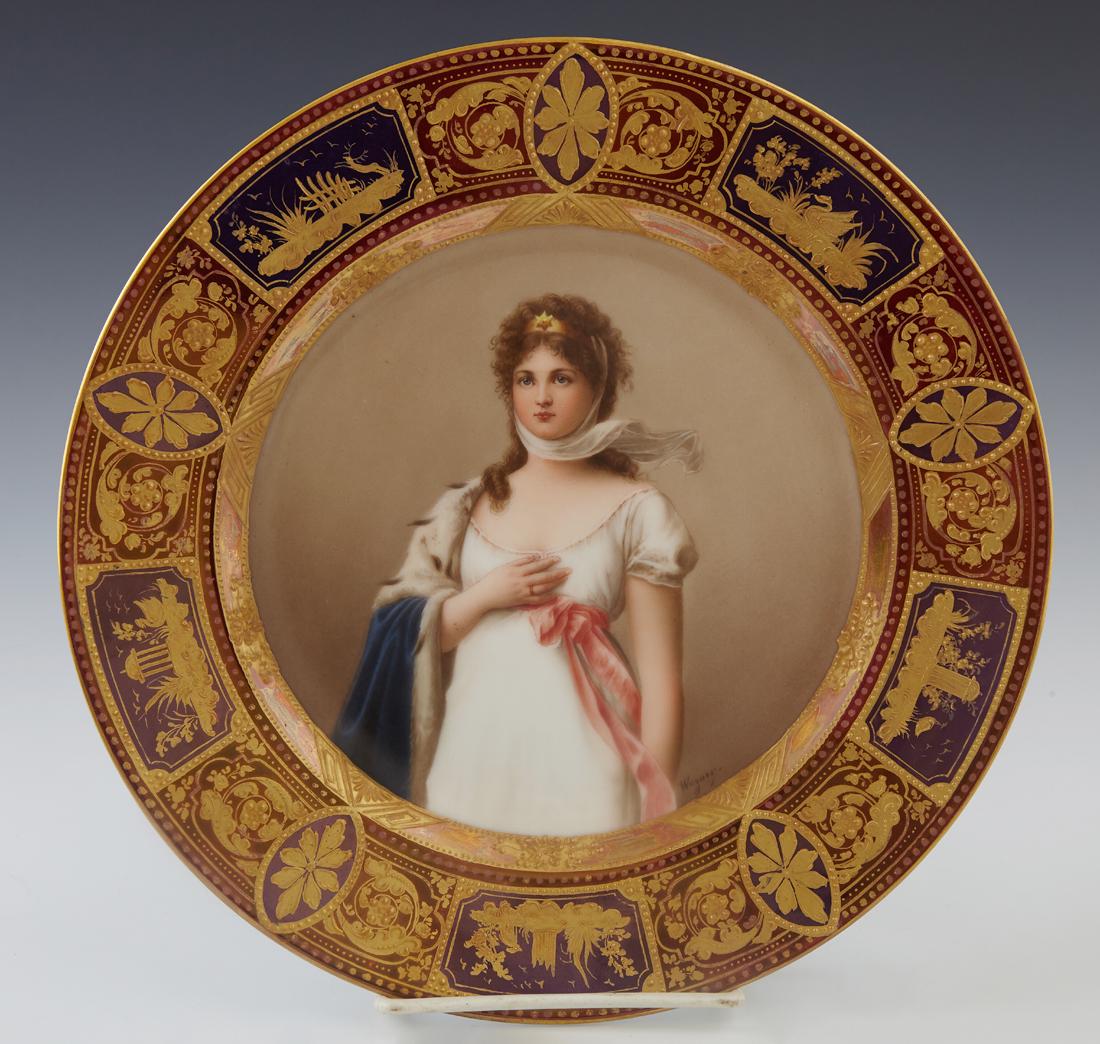 Royal Vienna Porcelain Portrait Plate, 19th c., of: Royal Vienna Porcelain Portrait Plate, 19th c., of Queen Louise of Prussia, on a cobalt ground with a wide gilt banding around a central portrait reserve, signed Wagner, verso with a beehive mark, als