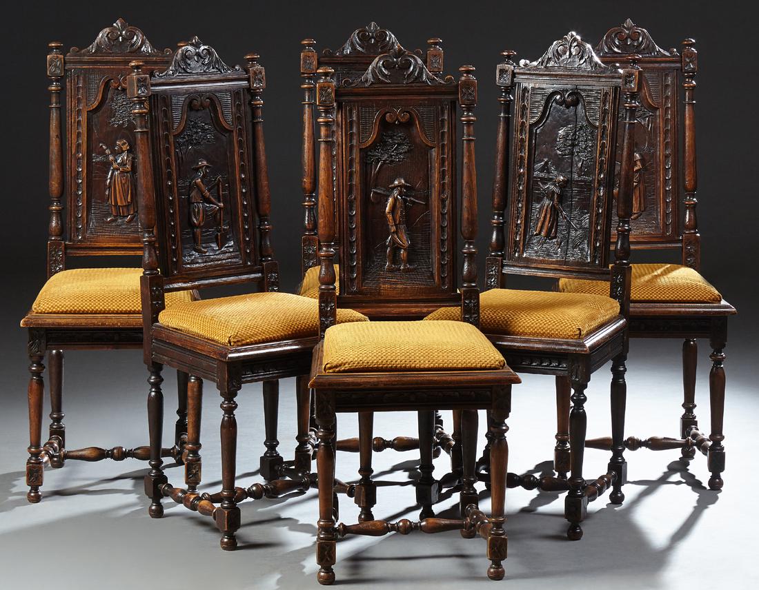 Set of Six French Provincial Carved Oak Dining Chairs, (1 of 1)