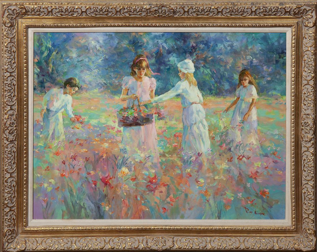 Roy Allison, "Girls Picking Wildflowers," 20th c., oil (1 of 2)