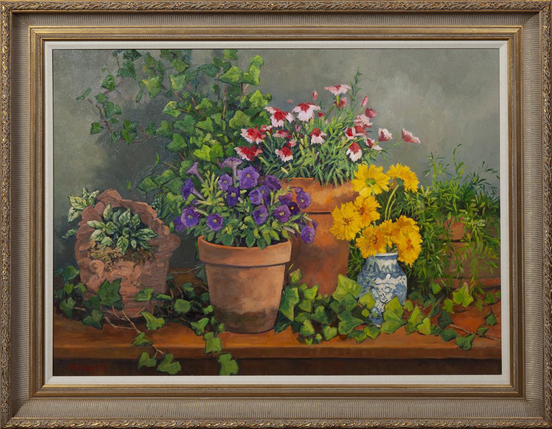 Ann Warner (Louisiana), "Potted Garden," oil on canvas,: Ann Warner (Louisiana), "Potted Garden," oil on canvas, 1999, signed lower left, also signed, titled and dated verso, presented in a wide ornate frame with a linen liner, H.- 29 1/4 in., W.- 39 1/2 in