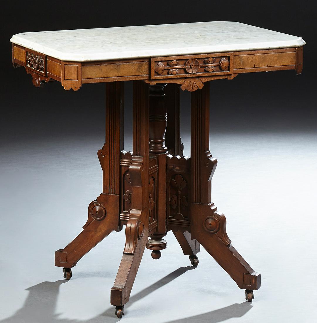 American Marble Top Carved Walnut Eastlake Lamp Table, (1 of 1)