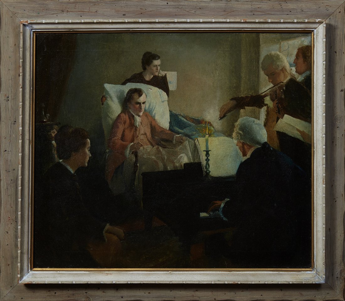 Continental School, "Bedside Concert," 19th c., oil on: Continental School, "Bedside Concert," 19th c., oil on canvas, presented in a polychromed frame, H.- 22 in., W.- 25 3/4 in.