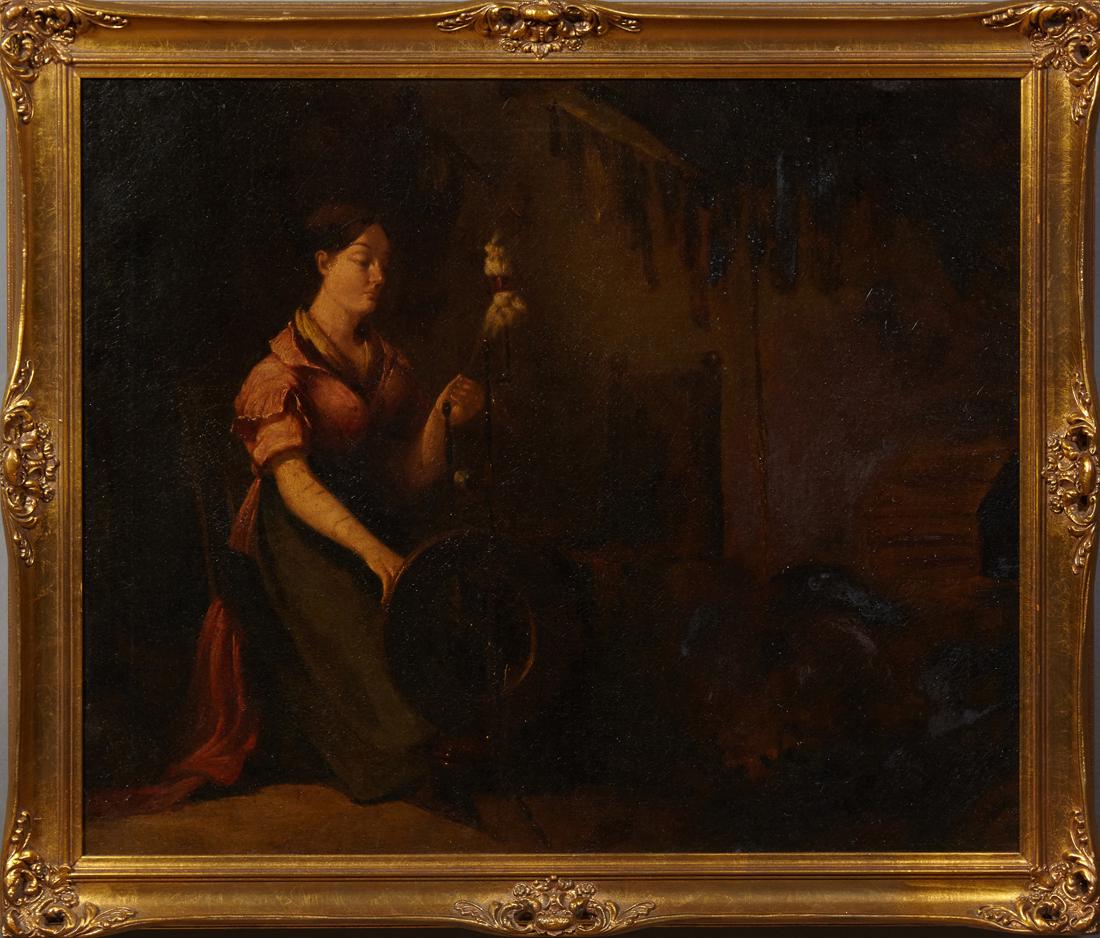 American School, "Woman Spinning Yarn," 19th c., oil on (1 of 2)