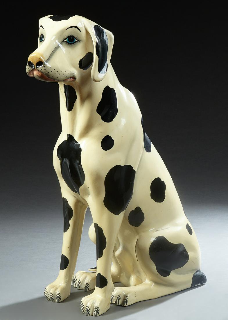 Sermel Tonala Sal, "Seated Dalmatian," 20th c., papier: Sermel Tonala Sal, "Seated Dalmatian," 20th c., papier mache, signed, H.- 27 in., W.- 9 in., D.- 27 in.