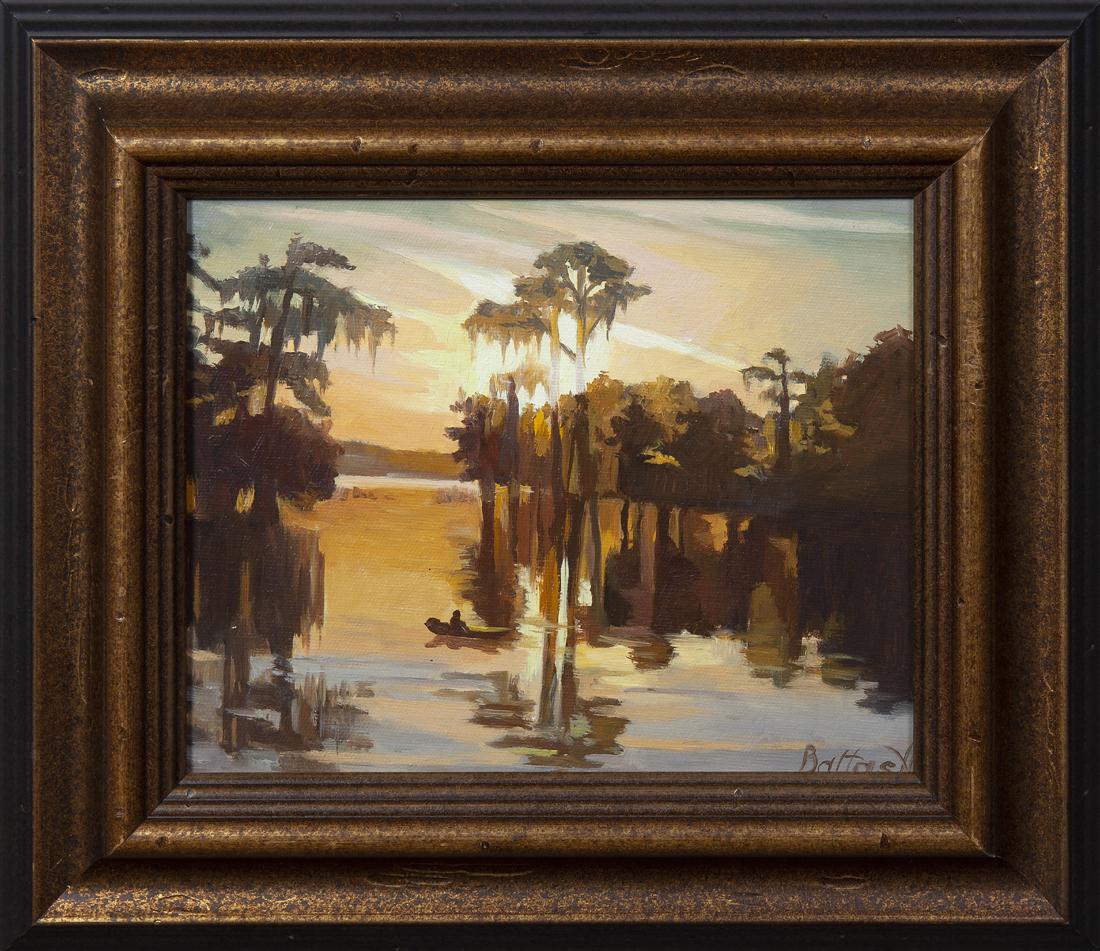 Alla Baltas (Ukrainian/Louisiana), "Sunrise Swamp Scene: Alla Baltas (Ukrainian/Louisiana), "Sunrise Swamp Scene with Flatboat," 20th c., oil on canvas, signed lower right, presented in a gilt and ebonized frame, H.- 7 1/4 in., W.- 9 1/4 in.