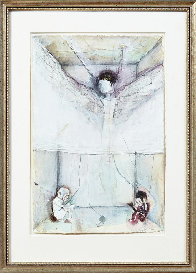 Sibylle Peretti (1964- German), "Figures in a Room,": Sibylle Peretti (1964- German), "Figures in a Room," 1999, watercolor, pencil signed and dated lower right, pencil placed "New Orleans" lower left, presented in a silvered wood frame, H.- 10 1/4 in.,