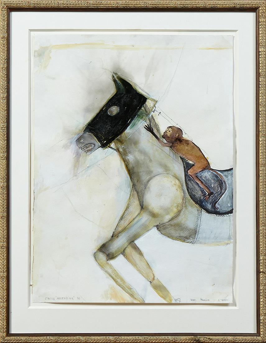Sibylle Peretti, "Circus Argentina," 1995, oil on: Sibylle Peretti, "Circus Argentina," 1995, oil on paper, pencil titled and dated lower left margin, pencil signed and placed "Mexico" lower right, presented in a gilt frame, H.- 15 1/2 in., W.- 11 3/4